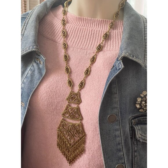 Vintage Monet Gold Filigree Paisley Tassel Statement Necklace 1970S Designer Art - Picture 16 of 16